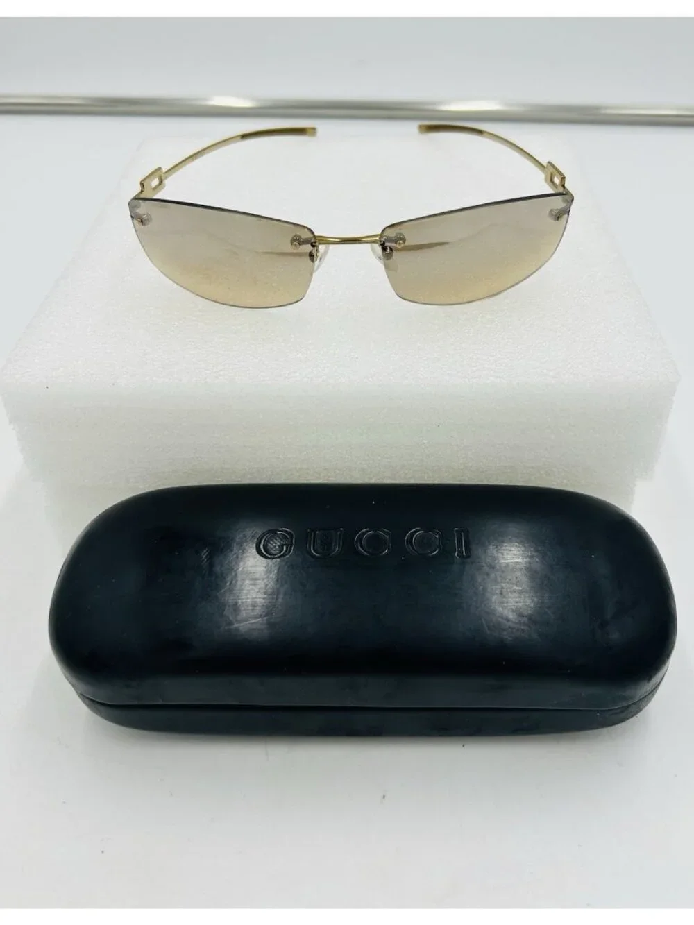 Gucci Rimless Sunglasses Brown Gradient GG 1784 Strass Gold Frame with Case